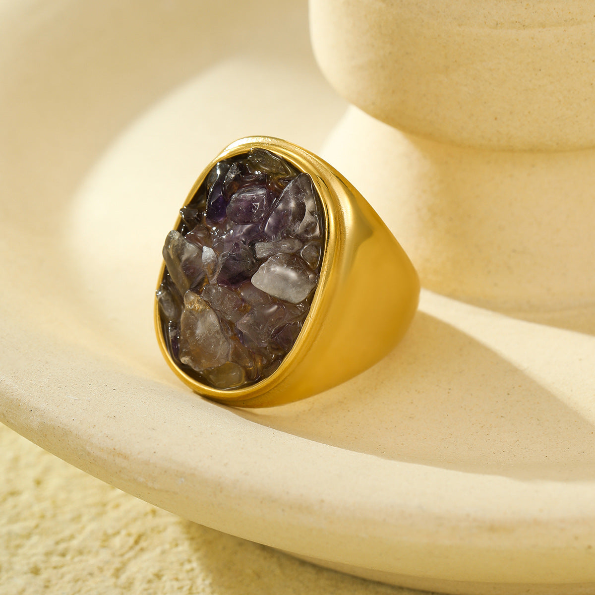 Anillo de Acero Inoxidable Geométrico Minimalista Vintage con Incrustaciones de Piedra Natural Bañado para Mujer
