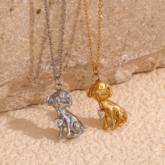 Cute Three-Dimensional Dog and Heart Pendant Necklace in Stainless Steel with 18K Gold Plating and White Rhinestones for Women