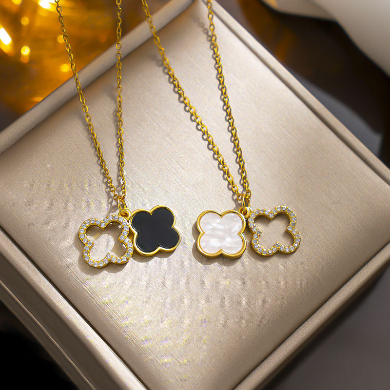 Elegante collana con ciondolo a quadrifoglio da donna in acciaio al titanio con placcatura in oro e design a conchiglia a doppio lato