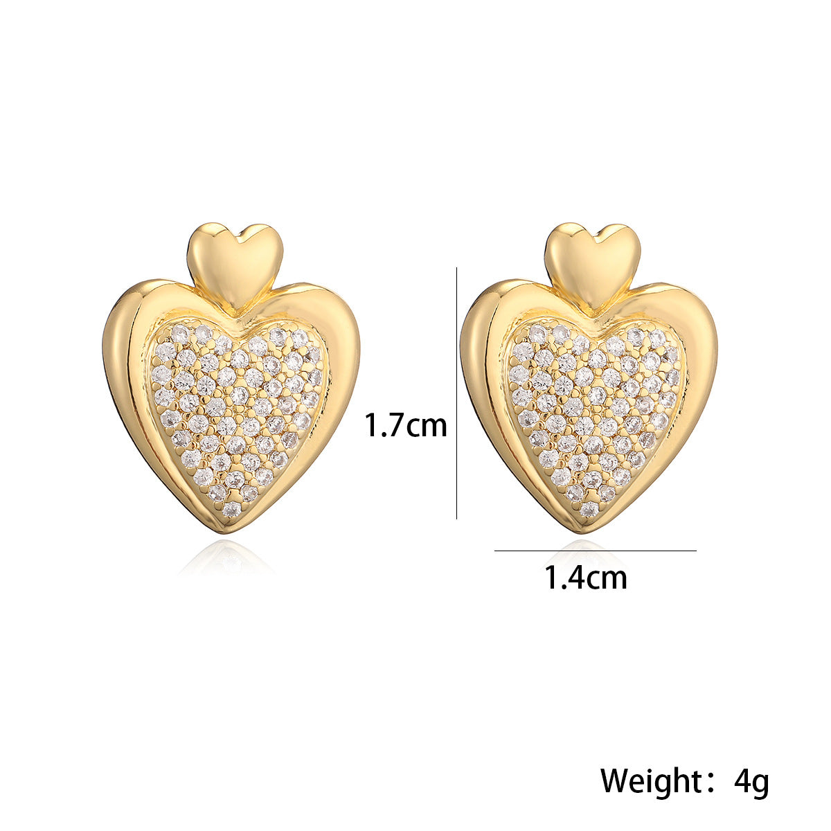 Orecchini Minimalisti a Cuore in Rame Placcati Oro 18K con Intarsio di Zirconi da Donna