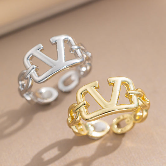 Anello Aperto Geometrico Minimalista in Rame Placcato Oro 18K con Iniziale per Donna