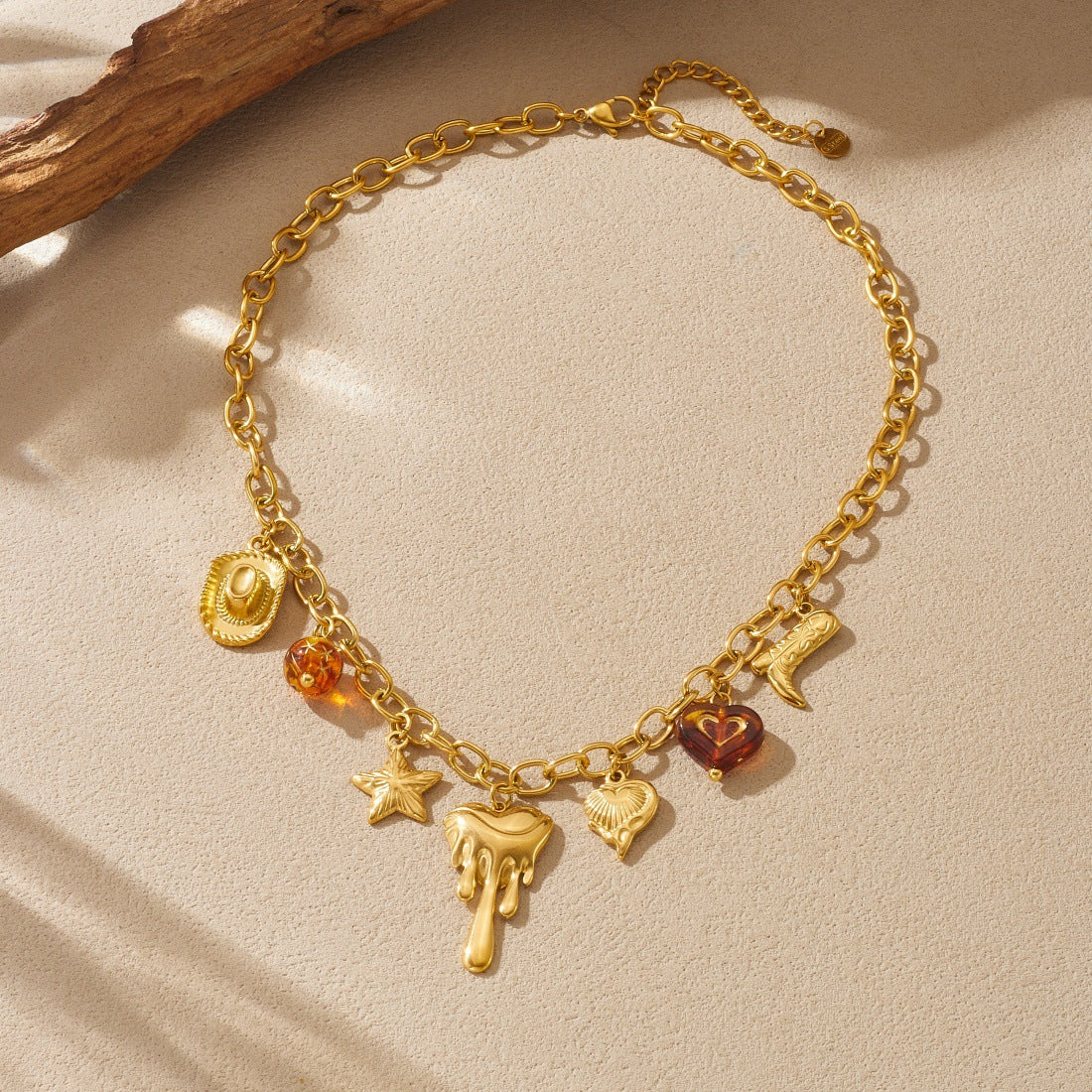 Vintage Gold Plated Stainless Steel Heart and Star Pendant Necklace