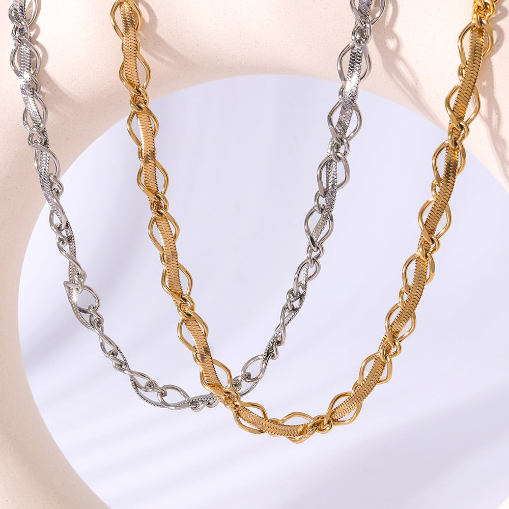 INS Style Geometric Flat Snake Chain Necklace and Bracelet Set in Stainless Steel with 18K Gold Plating for Women