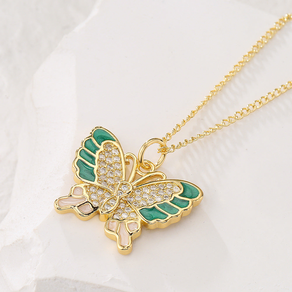 Minimalist Butterfly Pendant Necklace for Women in Copper with 18K Gold Plating and Enamel Finish Featuring Zircon Inlay