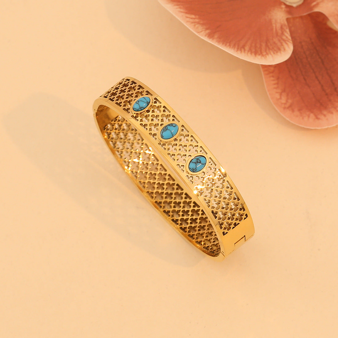 Vintage Style Turquoise-Inspired Hollow Stainless Steel Bracelet with Plated Finish