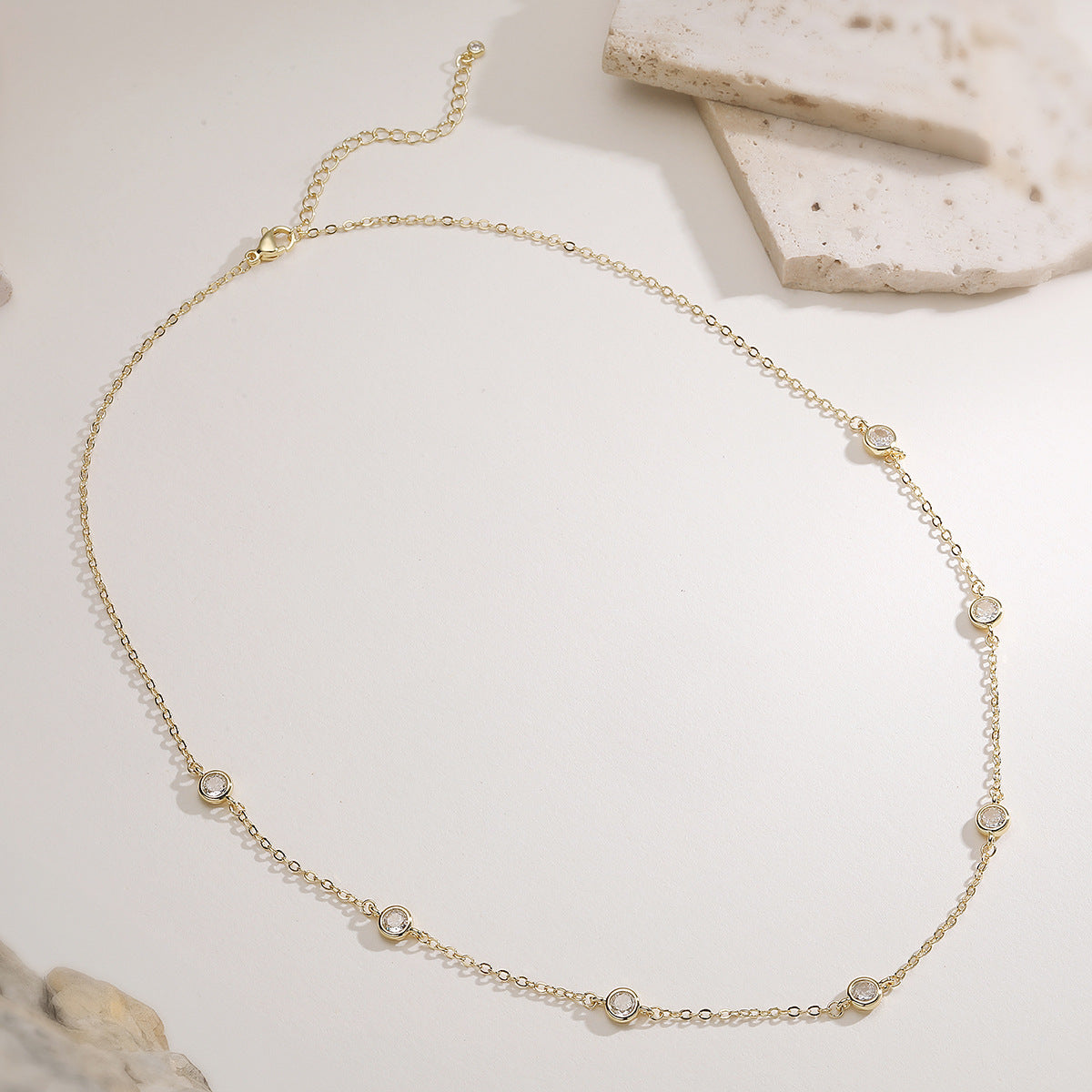 Elegant Minimalist Geometric Brass 18K Gold Plated Necklace with 7 Cubic Zirconia Stones for Women
