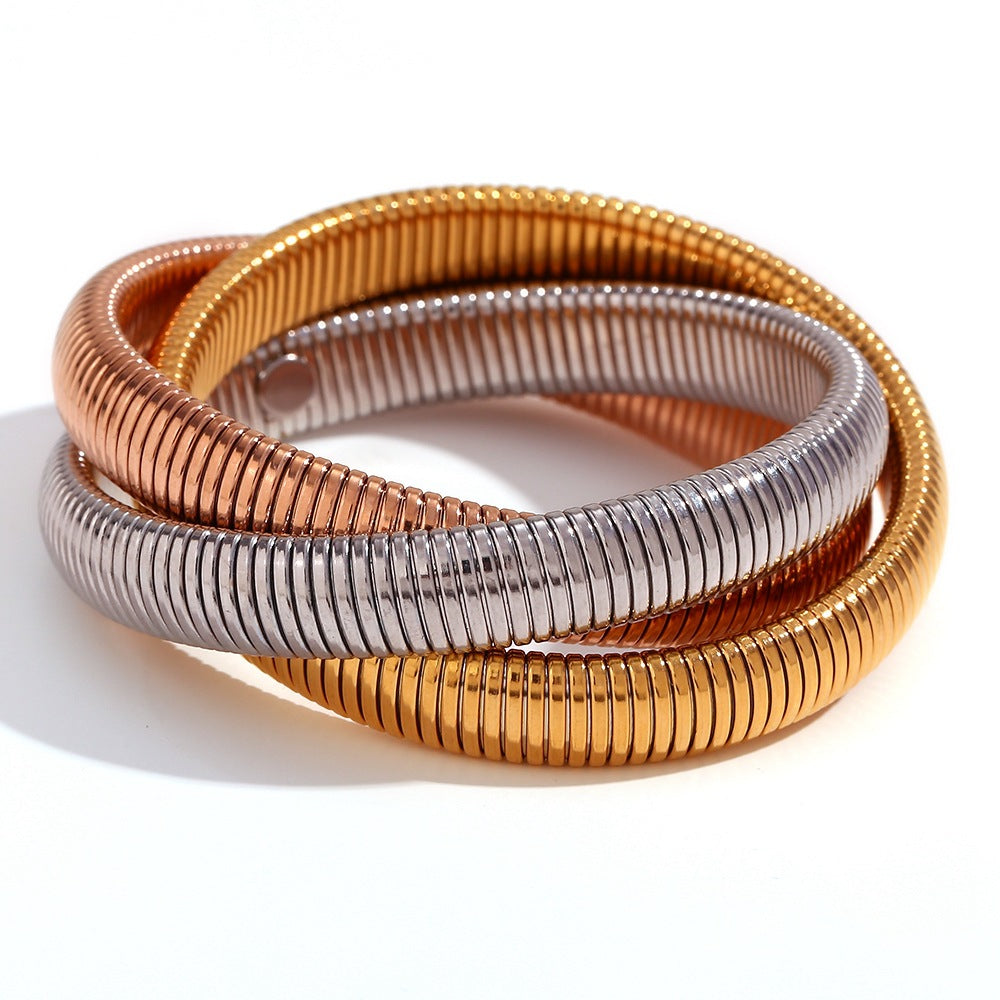Minimalist Titanium Steel Bracelet with 18K Gold Plated Triple-Wrap Elastic Snake Chain for Women