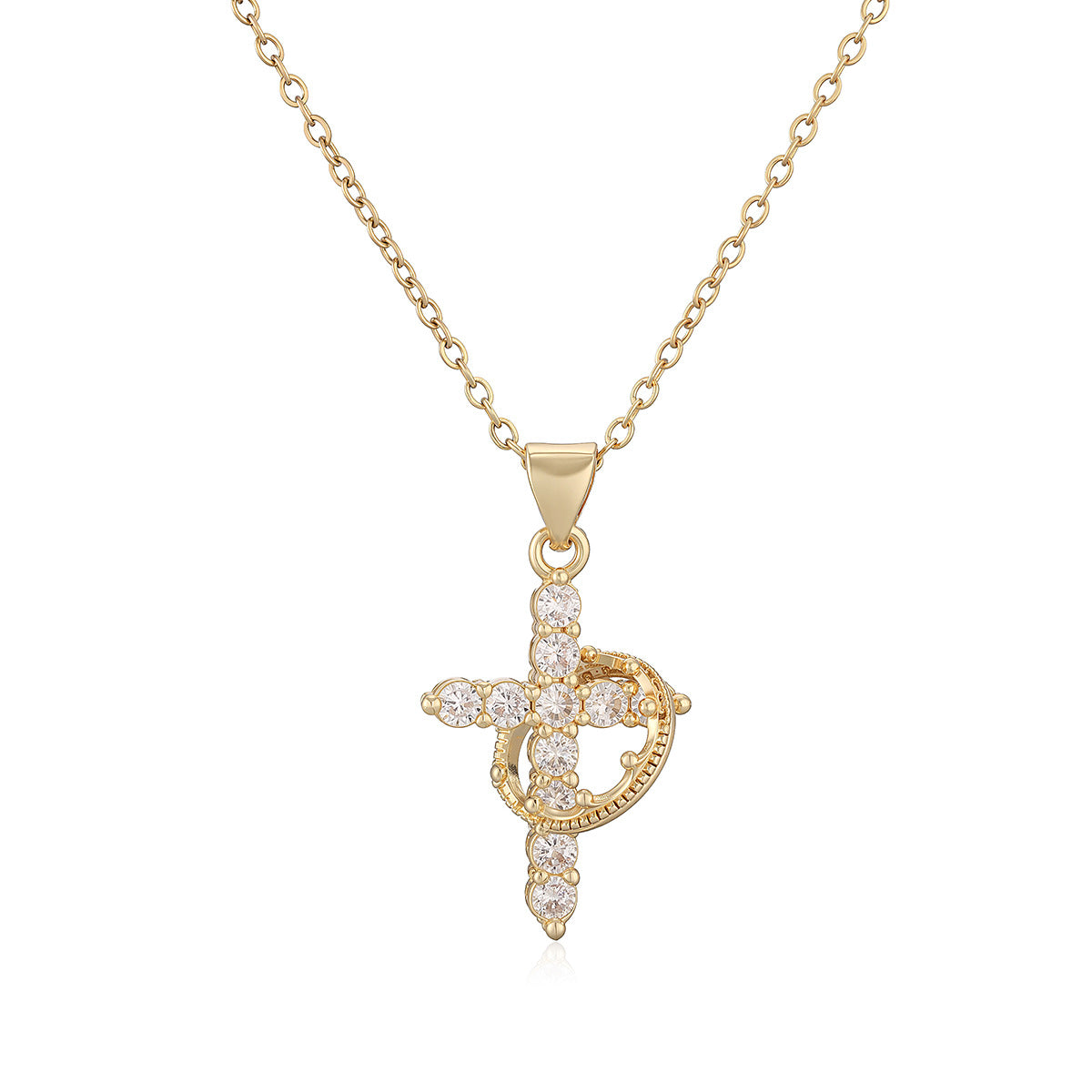 Minimalist 18K Gold Plated Brass Cross Pendant with Cubic Zirconia Inlay for Women