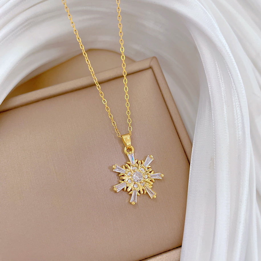 Minimalist Snowflake Pendant Necklace for Women with Titanium Steel Chain and Rhinestone Inlay