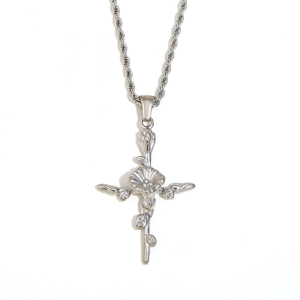 Vintage French-Style Floral Pendant Necklace in Stainless Steel with 18K Gold Plating for Women