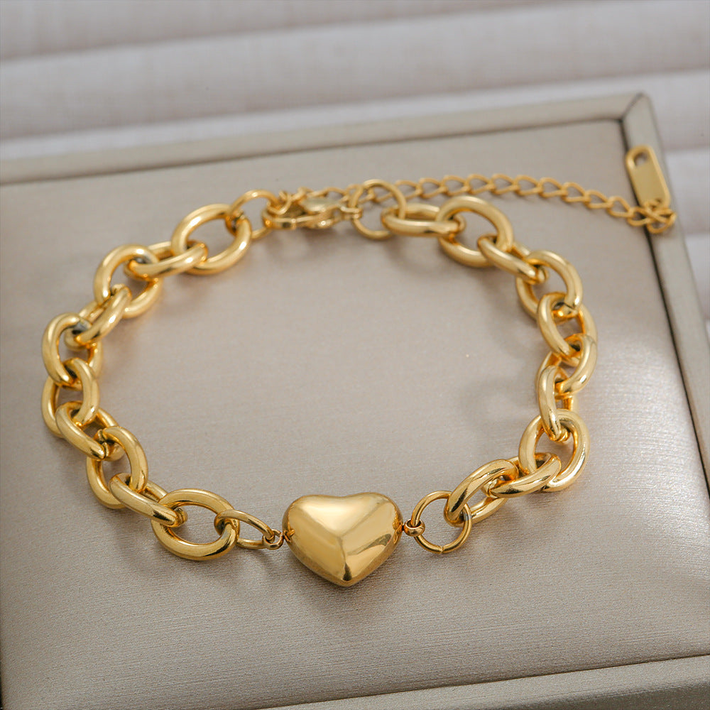 Minimalist Heart-Shaped Titanium Steel Bracelet with Plated O-Link Chain for Women