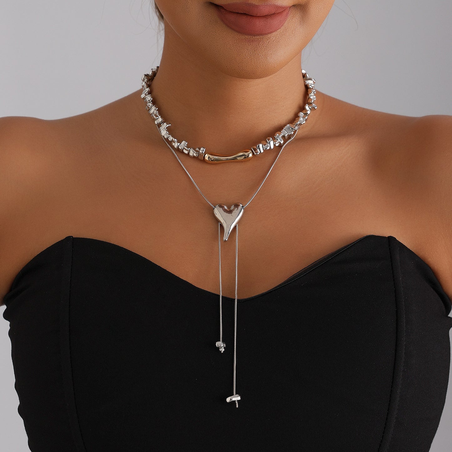 Minimalist Irregular Geometric Heart Alloy Plated Beaded Long Necklace for Women