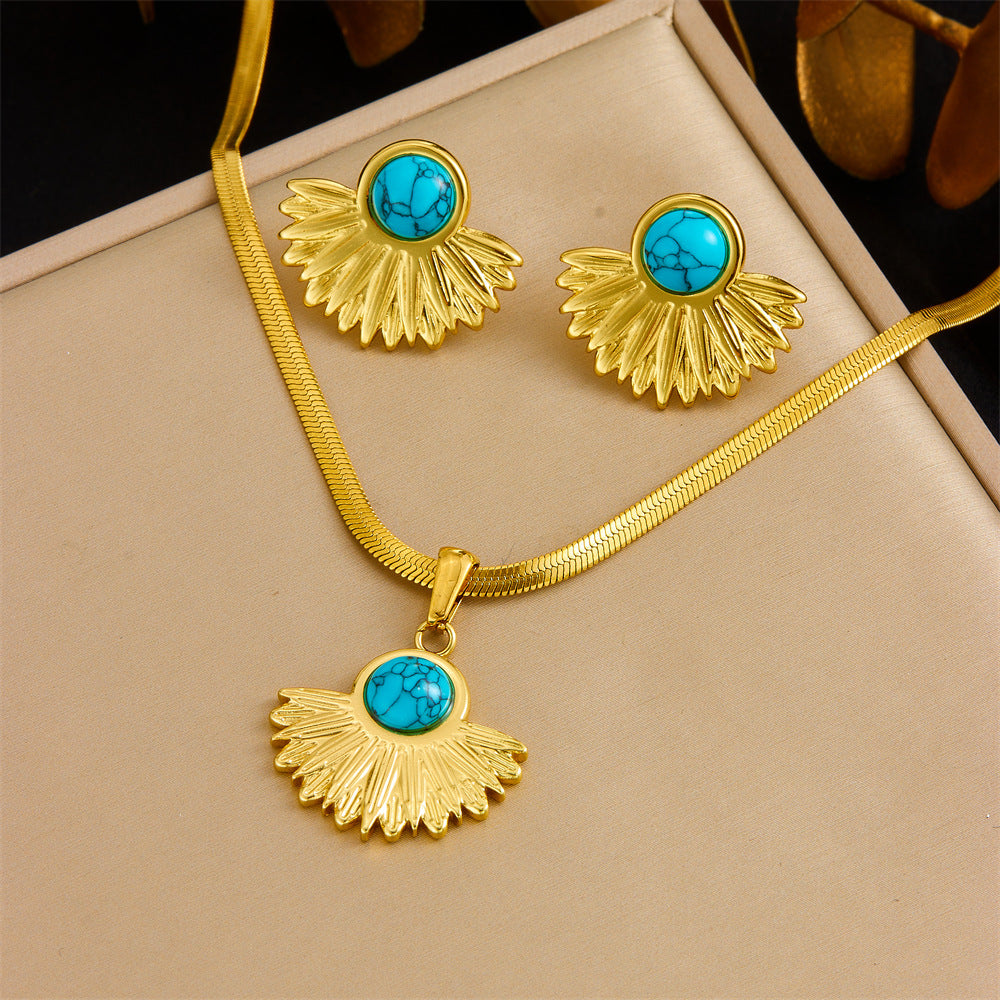 Vintage Gold Plated Heart Teardrop Stainless Steel Necklace and Earring Set with Turquoise and Pearl on Snake Chain for Women