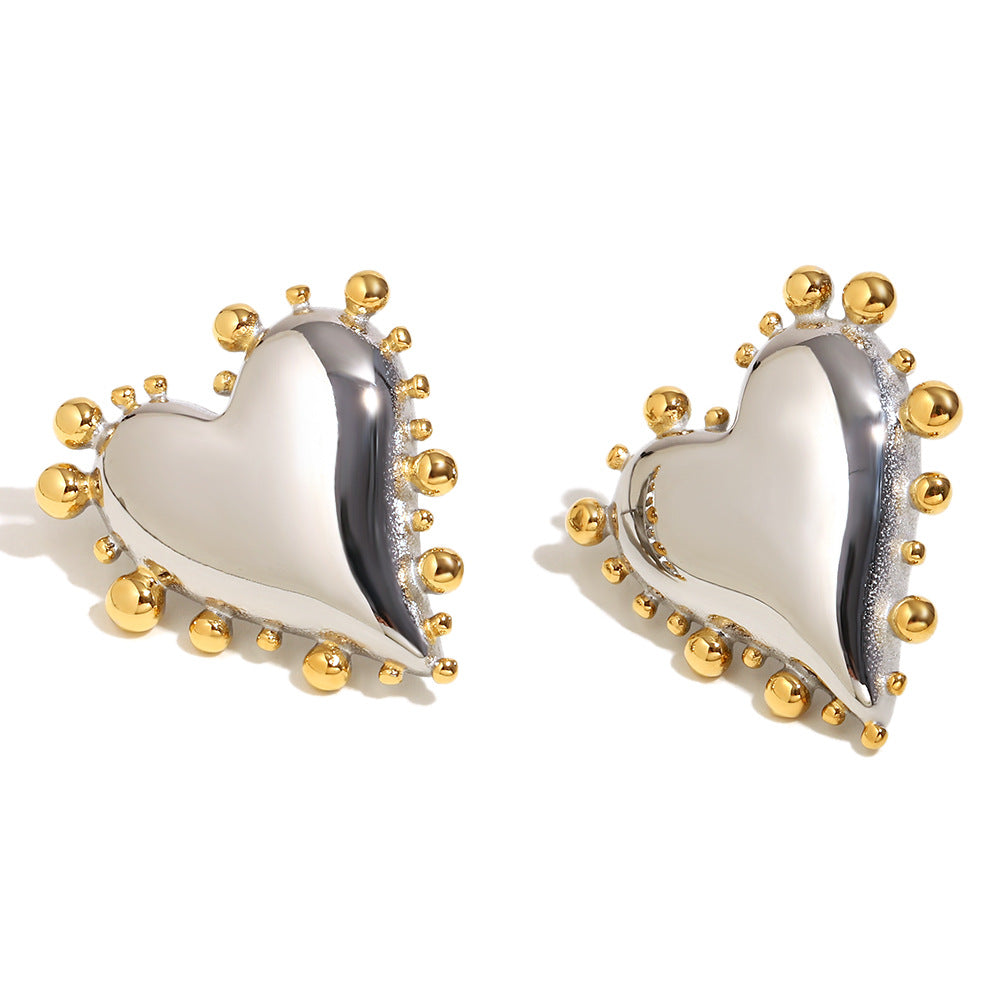 Fashionable Minimalist Heart-Shaped Stainless Steel Earrings with 18K Gold Plated Beaded Edge for Women