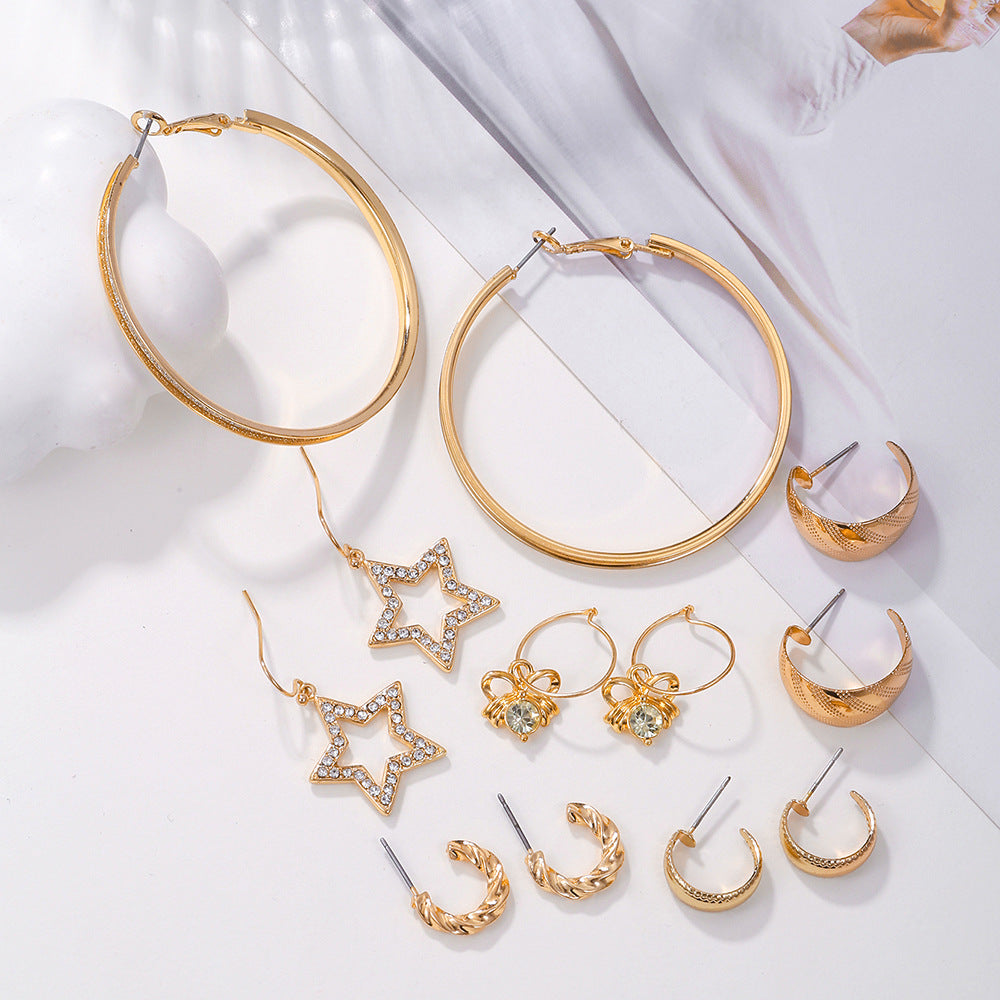 Minimalist Geometric Star Rhinestone Inlay Alloy Hoop Earrings Set