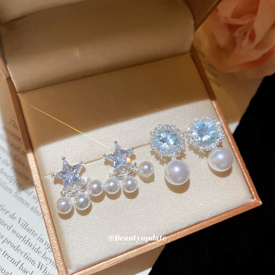 Pendientes de perlas con forma de estrella, elegantes y retro, con incrustaciones de circonita para mujer, joyería de oreja minimalista y ligera para la oficina