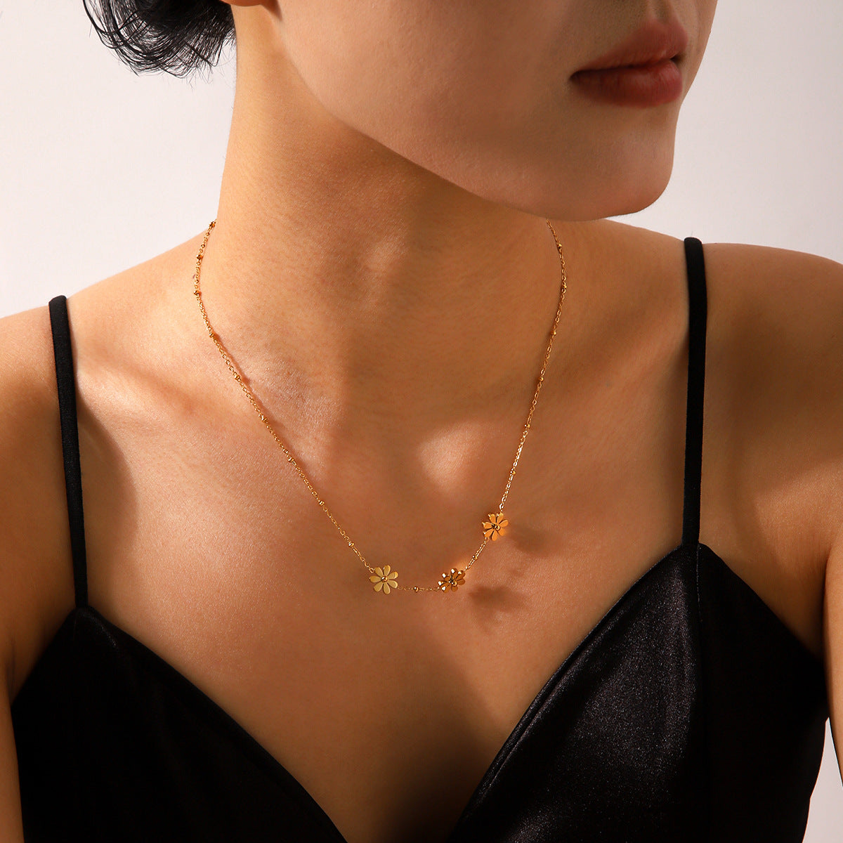 Minimalist Sunflower and Daisy Pendant Necklace for Women in Stainless Steel with Titanium Steel Accents, Electroplated Finish, O-Chain Design