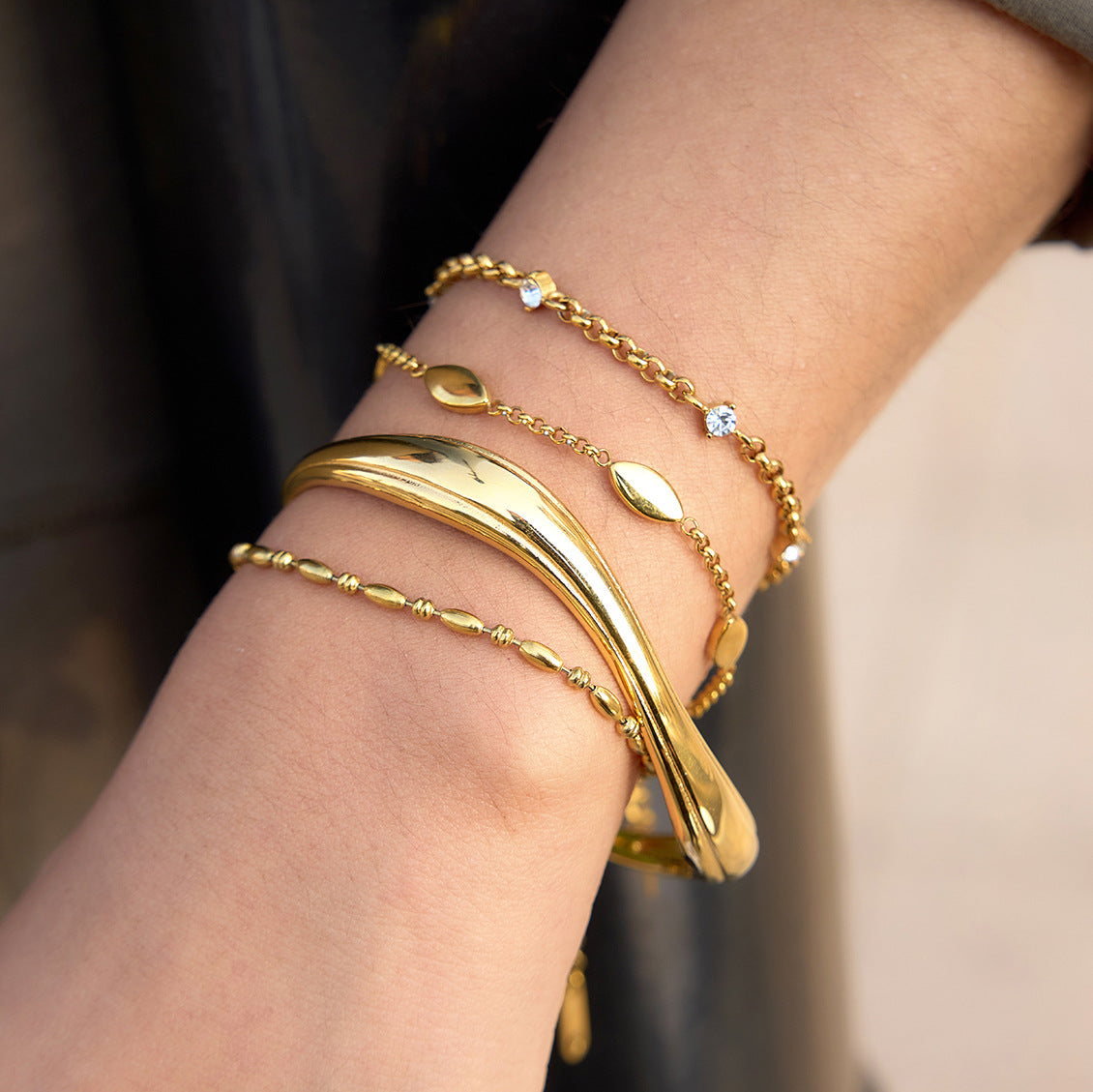 Geometric Wave Plated Stainless Steel Bracelet for Women