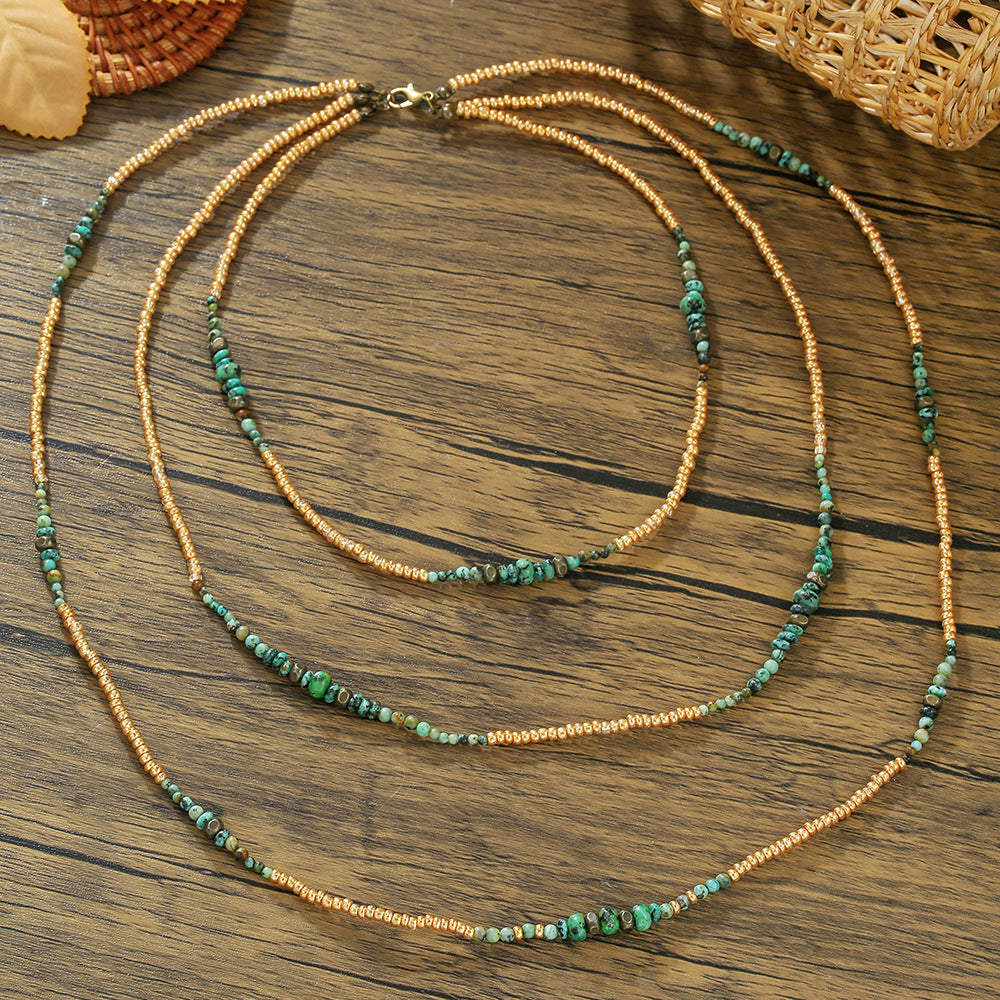 Unique Handmade Geometric Round Seed Bead and Turquoise Cable Chain Necklace for Unisex