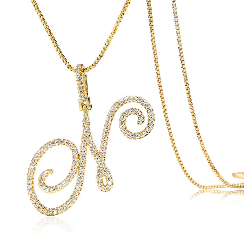 Minimalist Geometric Letter Pendant Necklace in Brass with Micro-Pavé Setting on Box Chain
