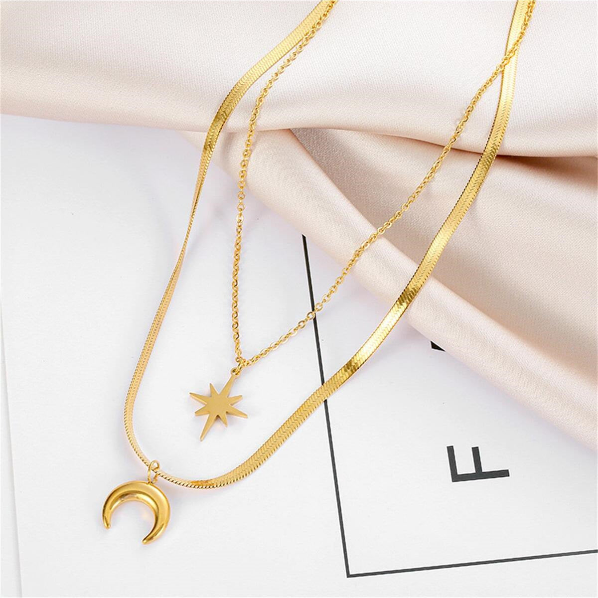 Collana da Donna Minimalista Geometrica a Stella di David a Doppio Strato con Luna in Acciaio Inossidabile, Ciondolo Placcato