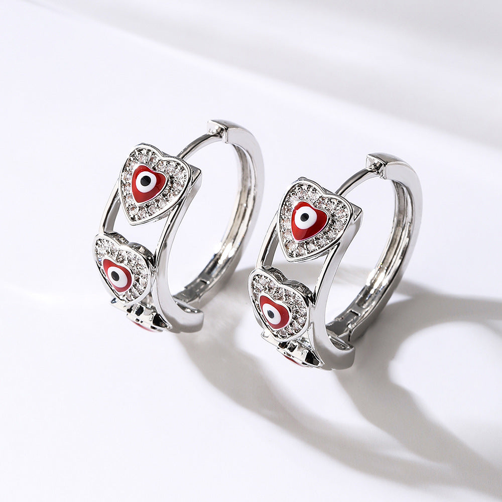 Orecchini da Donna a Cuore in Rame, alla Moda, con Micro-Incisione di Strass e Dettagli in Smalto