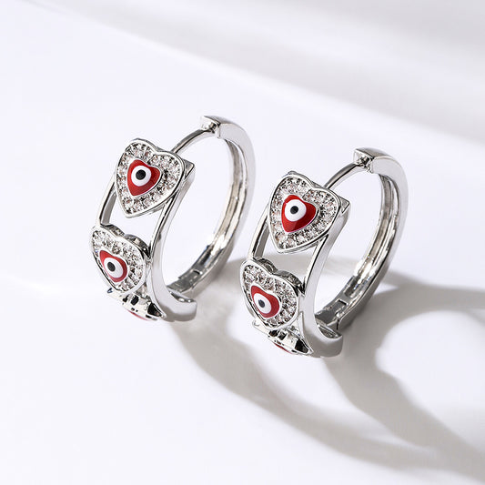Orecchini da Donna a Cuore in Rame, alla Moda, con Micro-Incisione di Strass e Dettagli in Smalto