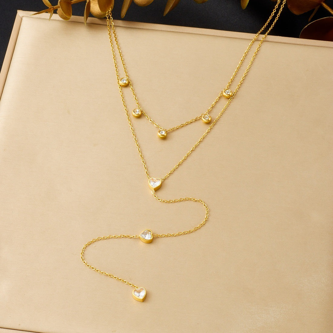 Minimalist Gold Plated Stainless Steel Heart Rhinestone Tassel Layered Necklace for Women