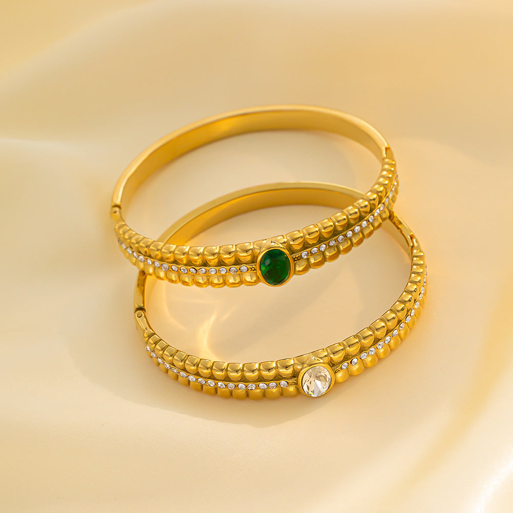 Bracciale da donna in acciaio inossidabile a rombi cavi stile vintage con intarsio in zircone verde
