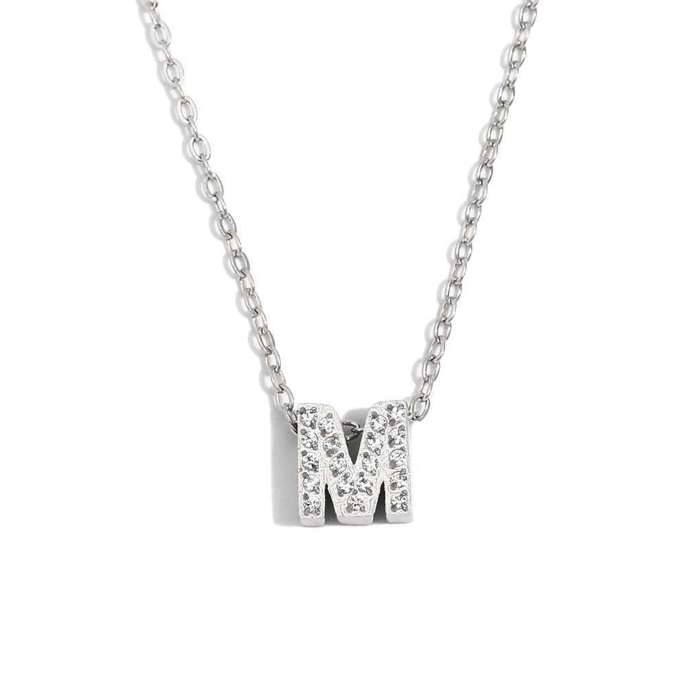 Minimalist Fashion Letter Pendant Necklace for Women Stainless Steel with 18K Gold Plating and Rhinestone Inlay
