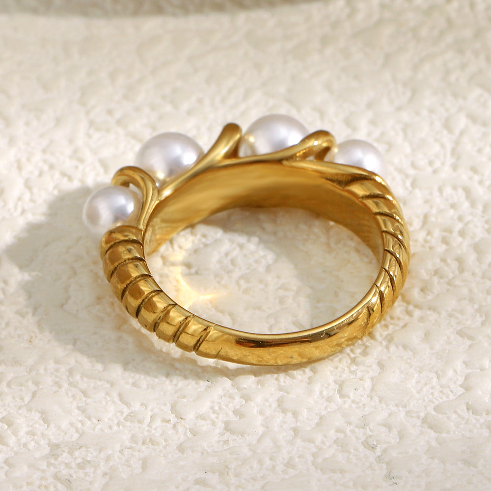 Minimalist Geometric Stainless Steel Plated 18K Gold Ring with Pearl Accent for Women