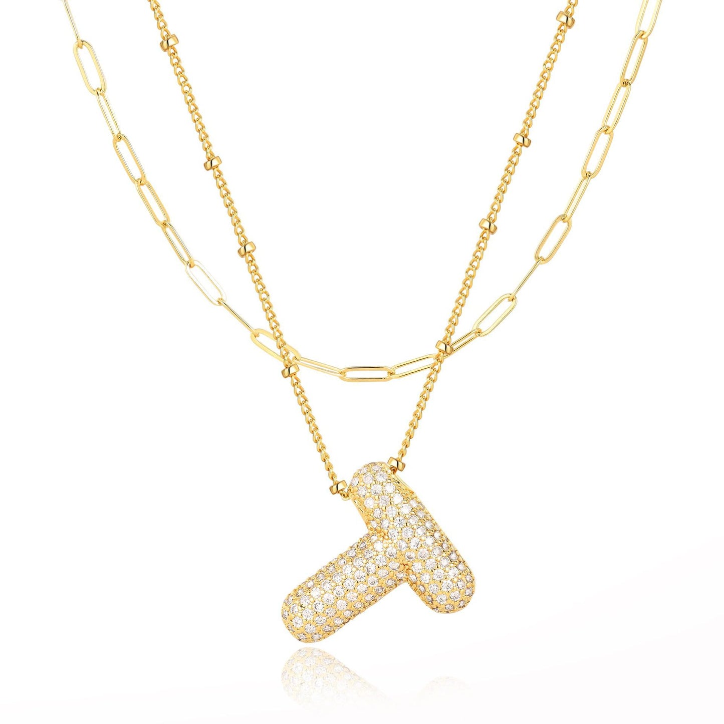 18K Gold Plated Brass Double Layer Letter Necklace Micro Pave Cubic Zirconia Serpentine Chain Women's Jewelry