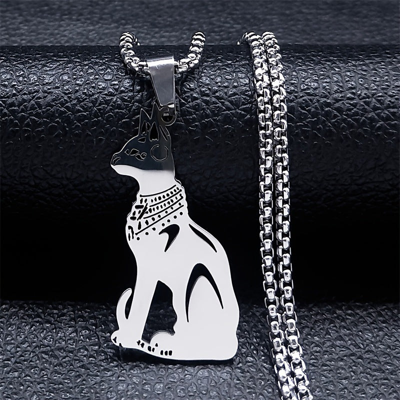 Vintage Egyptian Cat Goddess Pendant Necklace in Stainless Steel with Gold Plating, Animal-Themed Fashion Jewelry for Unisex