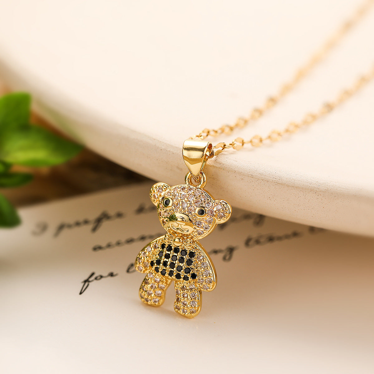 Minimalist Bear-Shaped Copper Pendant Necklace with Gold Plating and Zircon Accents for Women