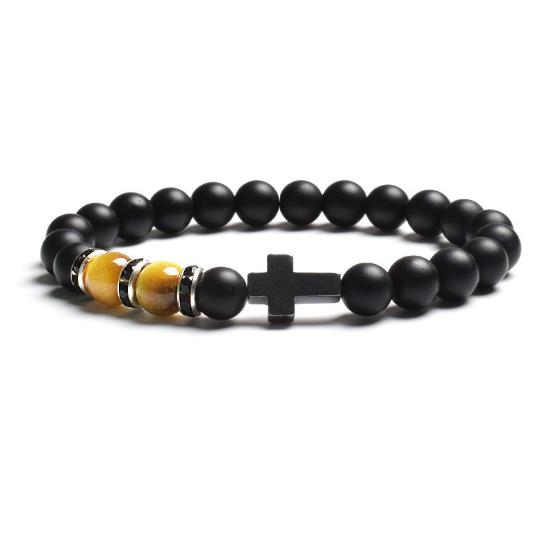 Vintage Cross Matte Stone Tiger's Eye Beaded Stretch Bracelet Unisex Geometric Handmade Jewelry