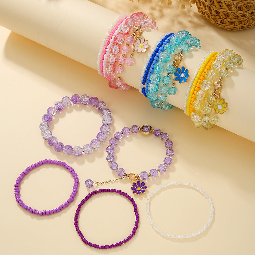 Sweet Handmade Crystal Seed Bead Daisy Flower Elastic Bracelet Set