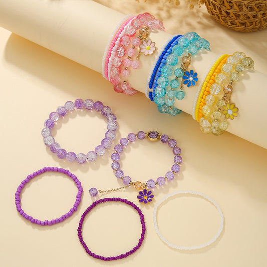Sweet Handmade Crystal Seed Bead Daisy Flower Elastic Bracelet Set