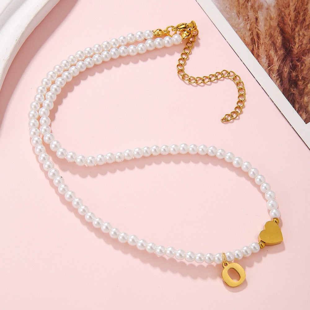 Minimalist Letter Heart Stainless Steel Pearl Necklace Women Cable Chain