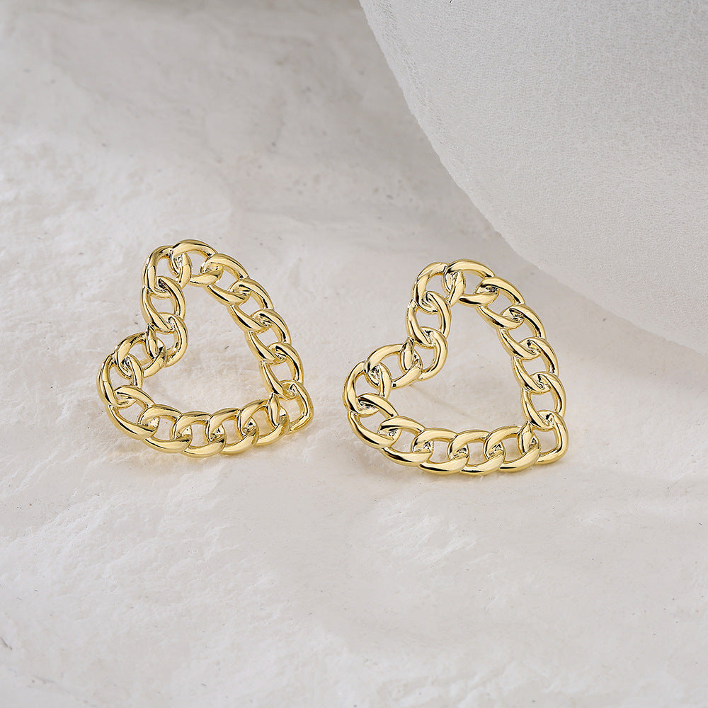 Vintage Heart-Shaped Hollow-Out Earrings in Copper with 18K Gold Plating and 925 Sterling Silver Posts