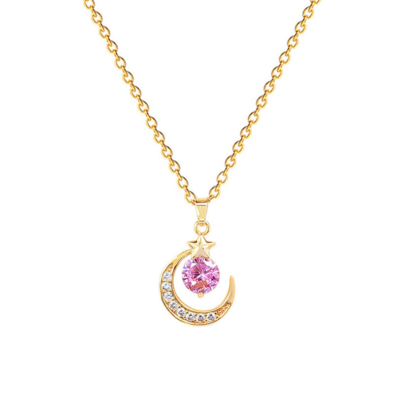 Collar de acero inoxidable con diseño de estrella y luna estilo dibujos animados, incrustaciones de pedrería para mujeres y hombres, delicada cadena de clavícula