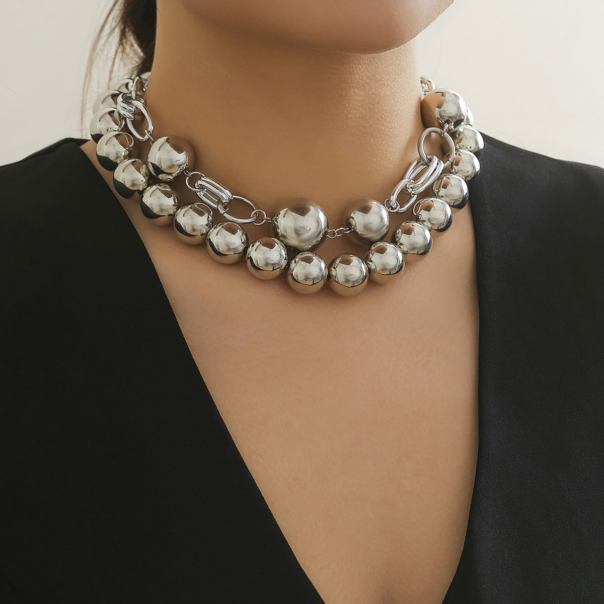 Punk Geometric Round Alloy Plated Ball Chain Layered Necklace for Women
