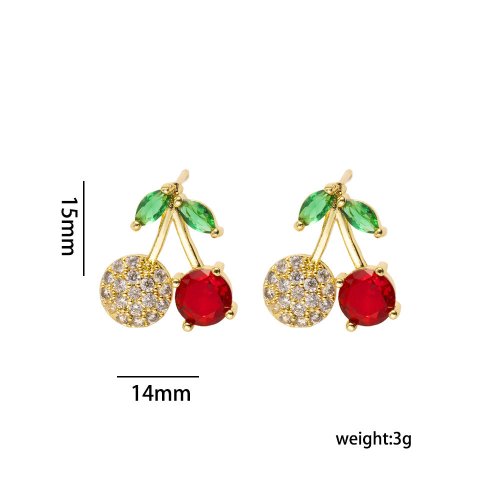 Cherry-Shaped Pendant Necklace Set for Women in Titanium Steel with Rhinestone Inlay and Plated Finish, O-Chain Design, Minimalist Luxury Style