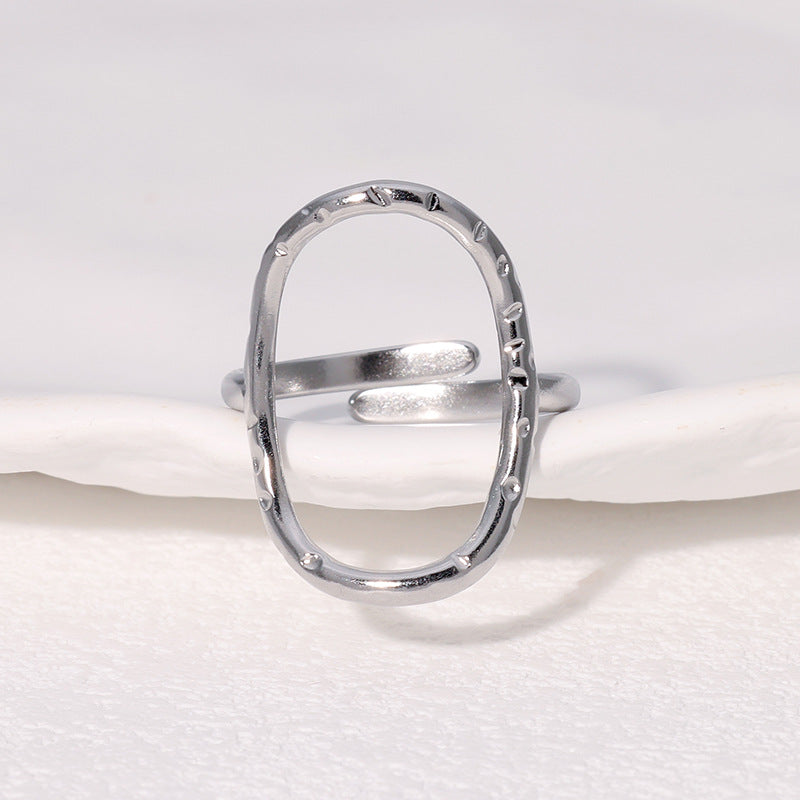 Minimalist Hammered Oval Geometric Open Ring Stainless Steel Plated Women's Jewelry