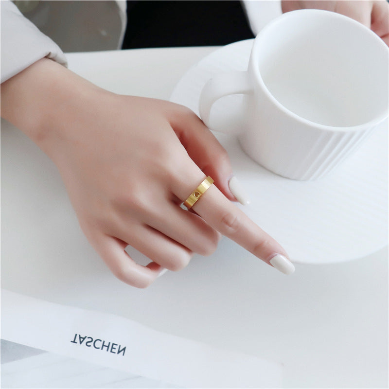 Minimalist Titanium Steel Plated 520 Clock Heart Design Ring for Women and Men Finger Ring in Gold Tone