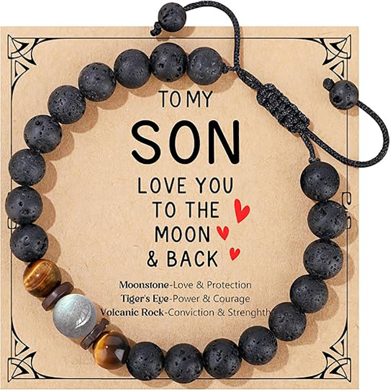 Unisex Handmade Braided Volcanic Stone Bracelet with Tiger Eye and Moonstone Beads Adjustable Geometric Round