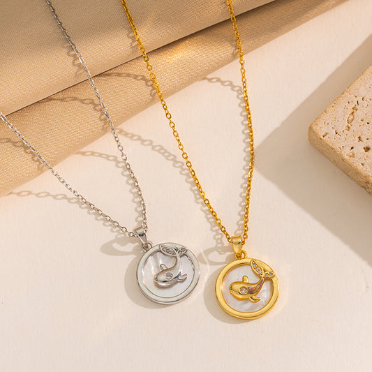 Collar con colgante de delfín y concha floral de doble cara geométrica minimalista de acero de titanio con chapado al vacío en cadena de serpiente