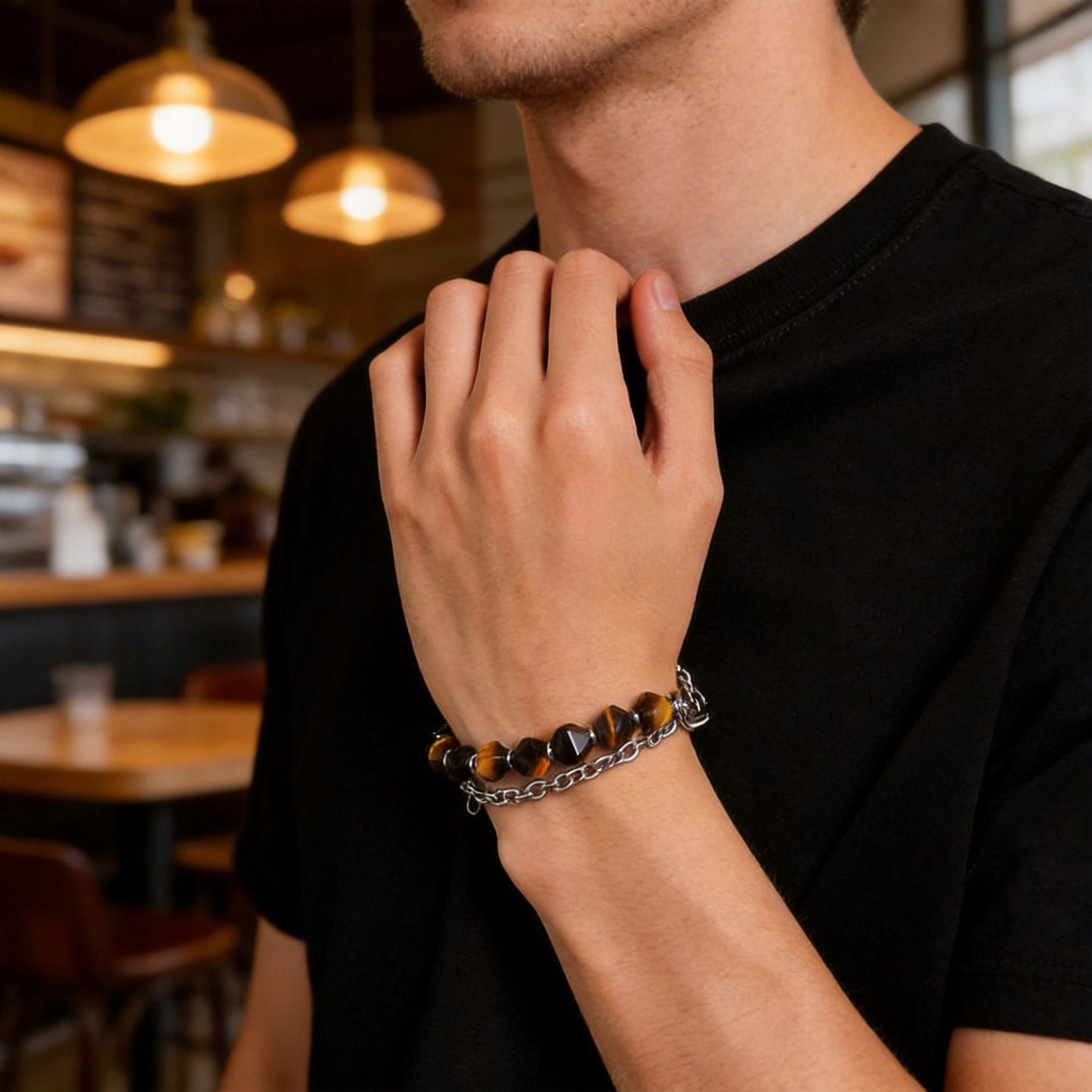 Geometric Double-Layer Faceted Tiger's Eye Stainless Steel Cuban Link Chain Bracelet for Men and Women