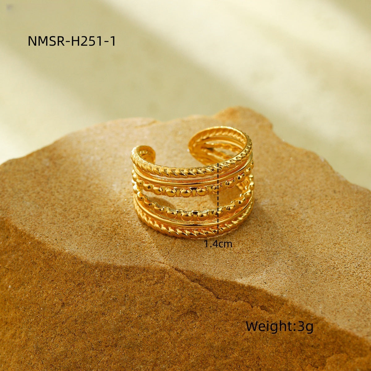 Anillo de mujer de titanio y acero con diseño geométrico minimalista, chapado en oro de 18 quilates y banda abierta de doble textura