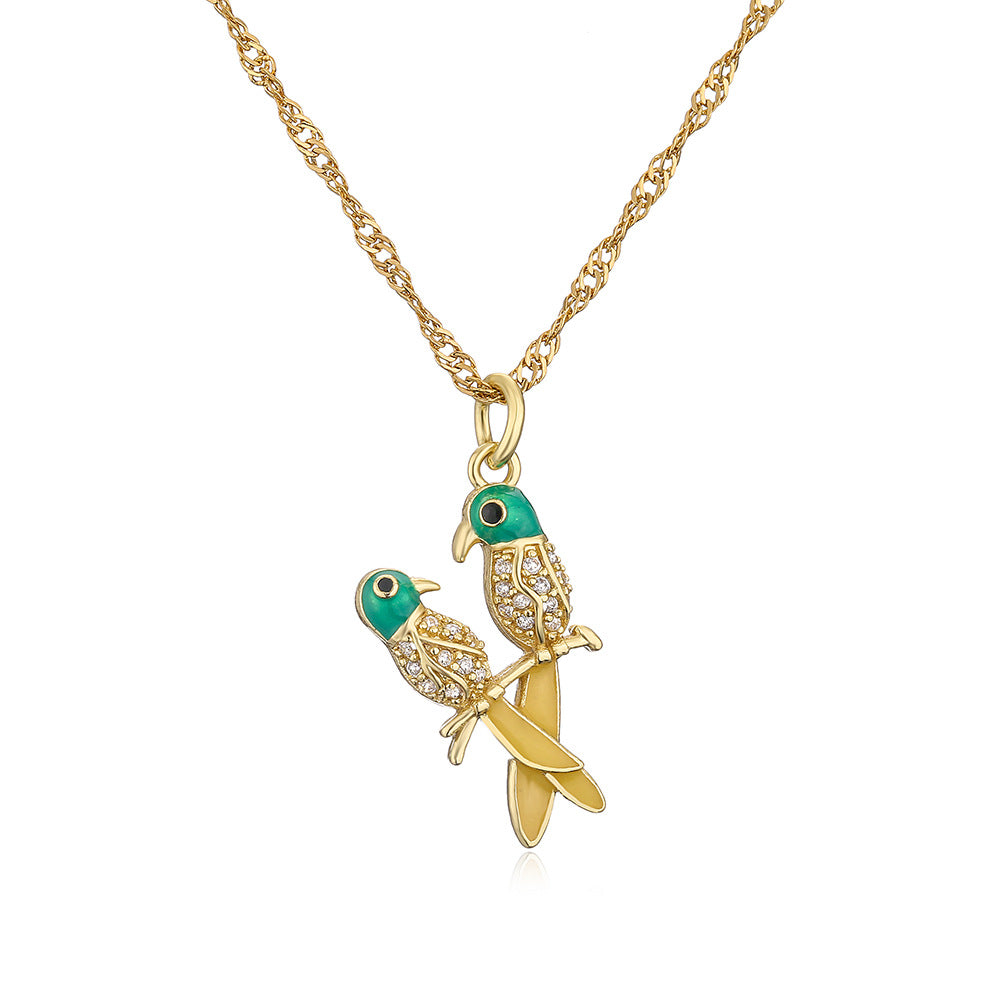 Vintage 18K Gold Plated Enamel Zircon Love Bird Geometric Pendant Necklace for Women