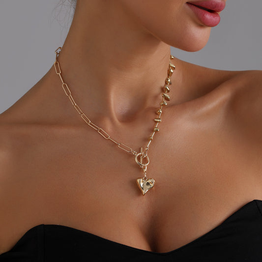 Collar vintage de aleación con forma de corazón, incrustaciones de piedra geométrica y acabado chapado para mujer